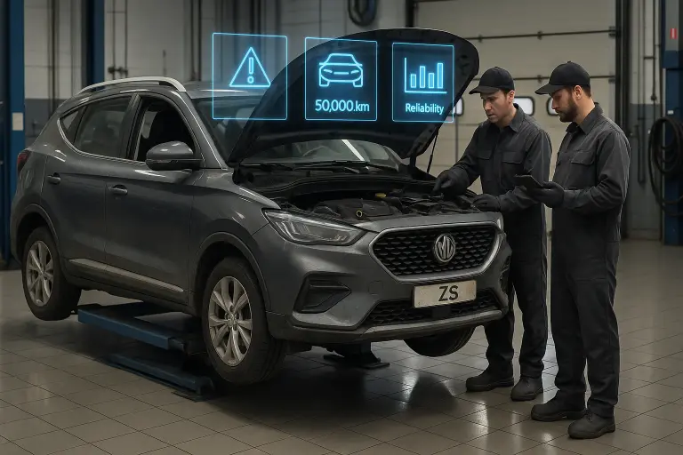 MG ZS being inspected at 50,000 km with diagnostic reliability overlays.