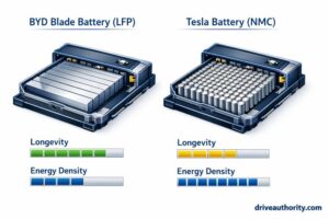 BYD LFP Blade Battery versus Tesla NMC battery technology comparison showing different cell structures and chemistry types
