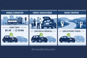 BYD vs Tesla buyer type decision guide showing best EV choice for urban commuters, families, and long-distance drivers in 2026