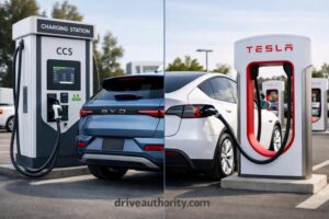 BYD using third-party CCS charging network compared to Tesla Supercharger network access for long-distance travel