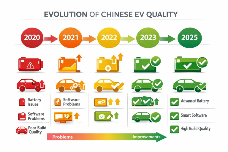 Timeline showing improvements in common Chinese EV problems from 2020 to 2025 across battery, software and build quality
