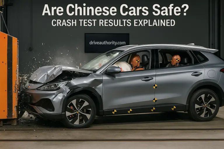 Are Chinese cars safe? Crash test image showing a modern Chinese vehicle undergoing a controlled safety impact test.