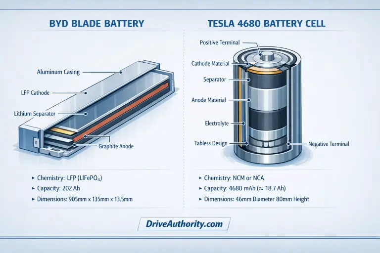 Battery technology comparison between Chinese EVs and US EVs featuring BYD Blade Battery and Tesla cells