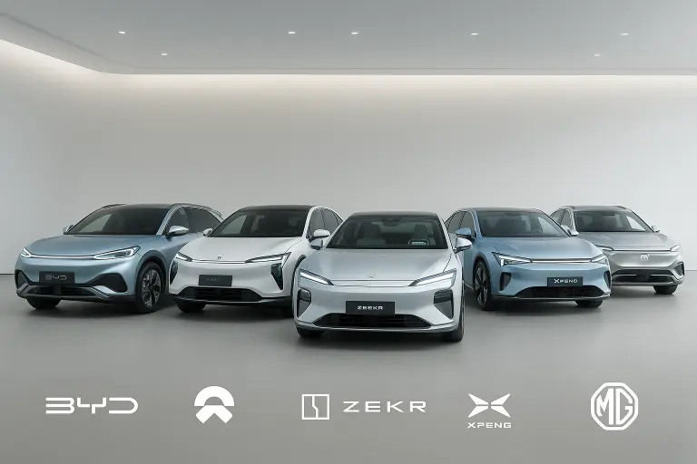 Lineup of the best Chinese electric vehicles of 2025 from BYD, NIO, Zeekr, XPeng, and MG displayed in a modern automotive setting.