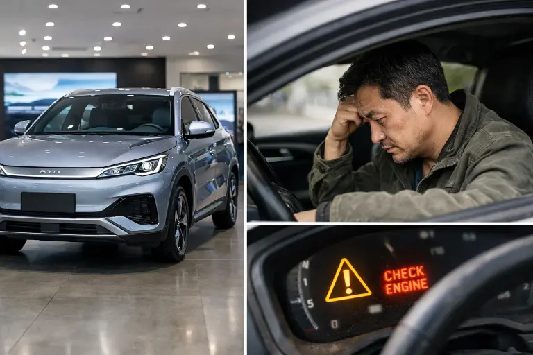 Common problems with Chinese EVs shown through comparison of new showroom vehicle versus worn vehicle with dashboard warning lights