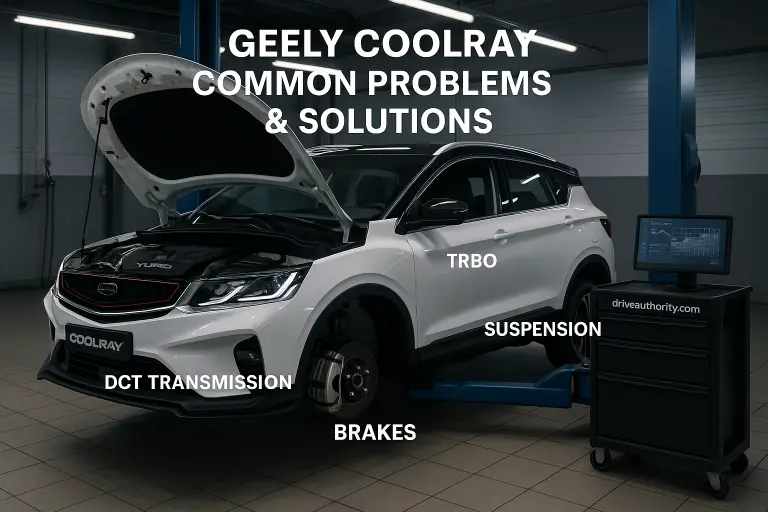 Geely Coolray in a modern service workshop showing areas where common problems occur, including engine, transmission, and suspension.