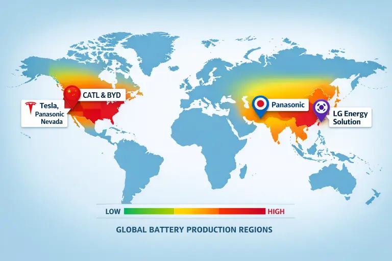 Global EV battery production showing China dominance with BYD and CATL suppliers