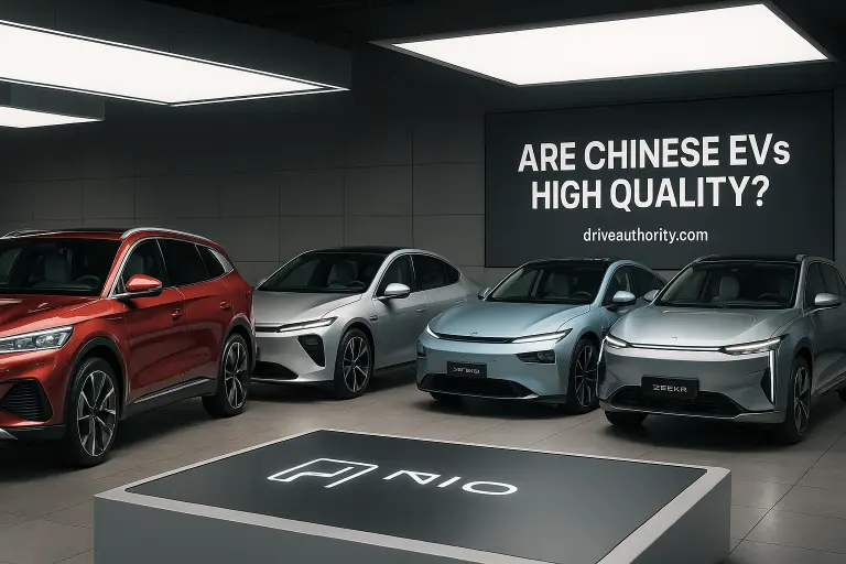Premium Chinese electric vehicles from BYD, NIO, XPeng, and Zeekr showcased in a modern showroom highlighting high build quality and advanced technology.