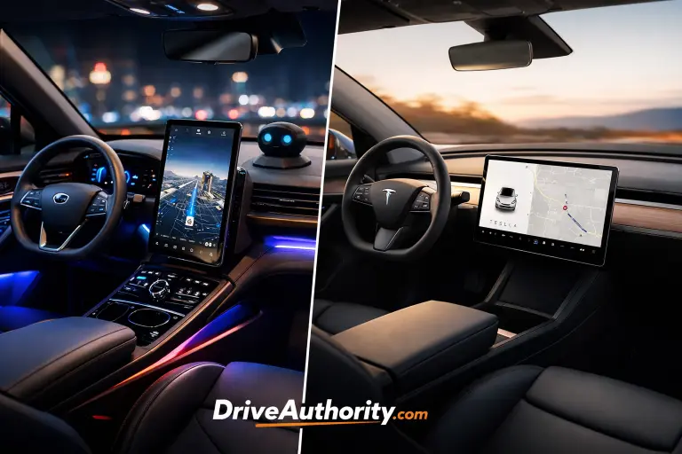 Interior technology and features showing how Chinese EVs compare to US EVs in infotainment and smart capabilities