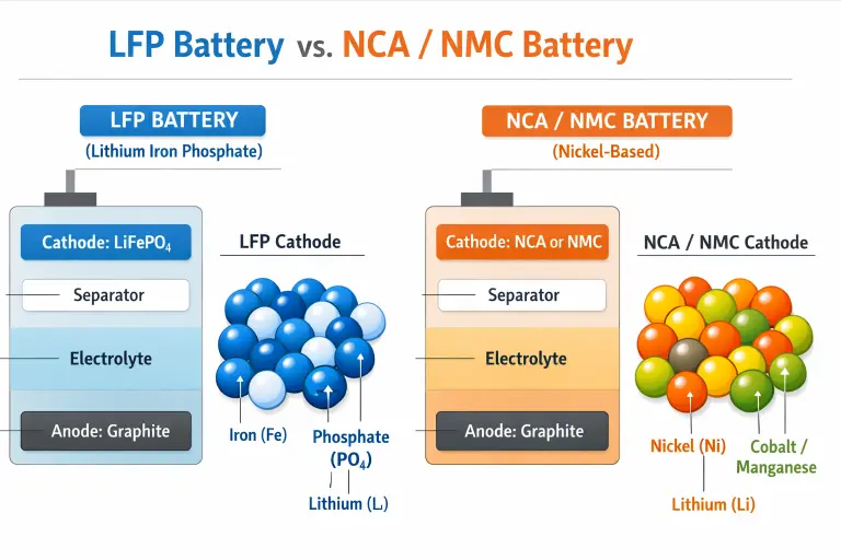 LFP versus NCA battery chemistry comparison showing Tesla battery types