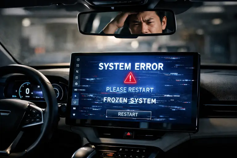 Software problems with Chinese EVs demonstrated by frozen infotainment screen in vehicle interior
