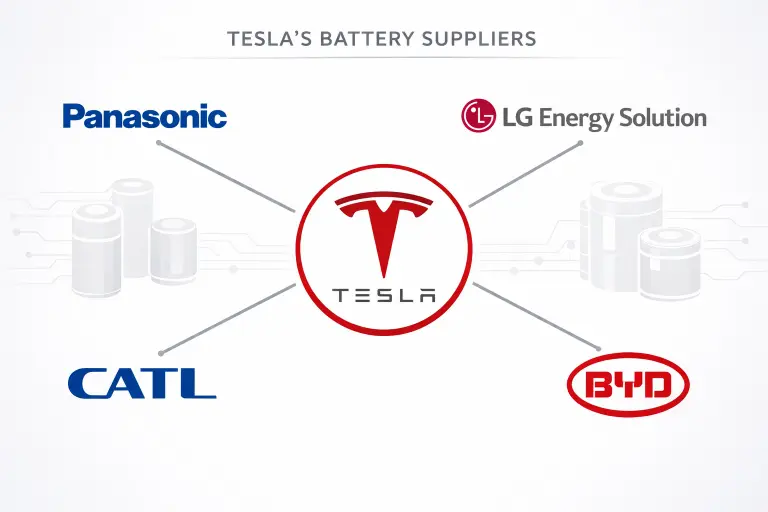 Tesla battery suppliers including Panasonic LG Energy Solution CATL and BYD