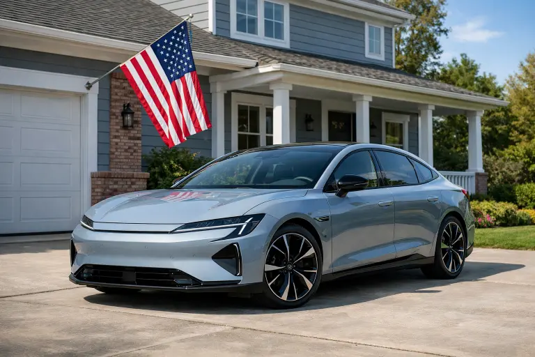 Chinese car parked in American driveway illustrating legal ownership of Chinese vehicles in the US