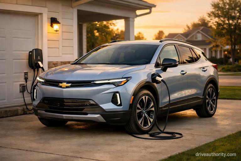 Affordable electric car charging at home in suburban driveway with Level 2 charger installation