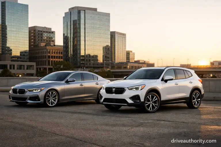 Best affordable luxury cars under $50,000 parked in a modern city setting