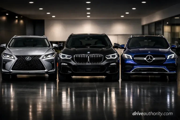 Best luxury car brands comparison showing Lexus RX, BMW X5, and Mercedes GLE in premium showroom
