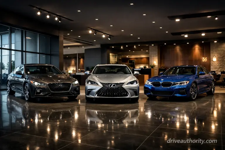 Best luxury cars for the money displayed in modern dealership showroom featuring Genesis, Lexus and BMW models