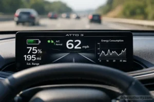 BYD Atto 3 dashboard showing real-world range estimate during highway driving conditions