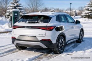 BYD Atto 3 in winter conditions showing cold weather impact on electric vehicle range