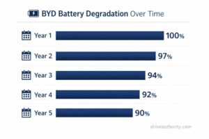 BYD battery degradation chart showing five-year capacity retention rates for electric vehicles 