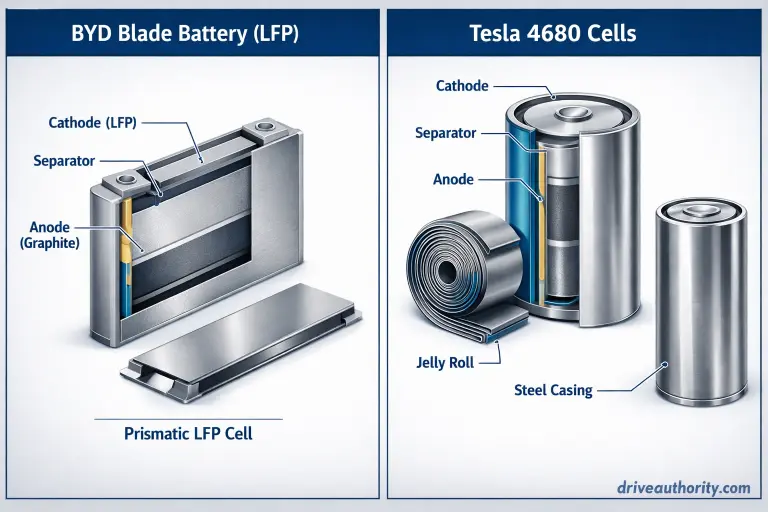 Chinese EV battery technology comparison - BYD Blade Battery vs Tesla cylindrical cells
