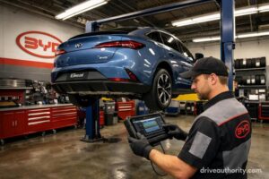 BYD certified service center technician performing battery diagnostic on five-year-old electric vehicle 