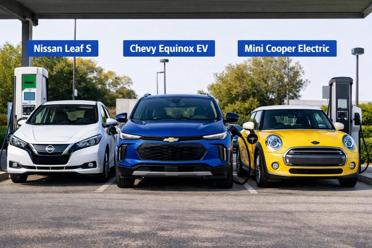 Three cheapest electric cars in 2025 comparison: Nissan Leaf S, Chevrolet Equinox EV, and Mini Cooper Electric parked at EV charging station