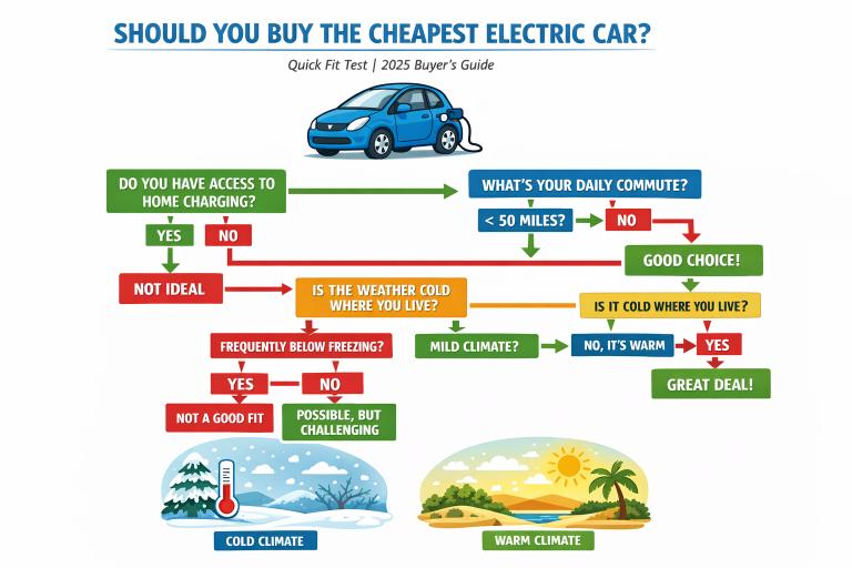 Decision flowchart: Should you buy the cheapest electric car? Quick fit test based on home charging access, daily mileage, and climate conditions