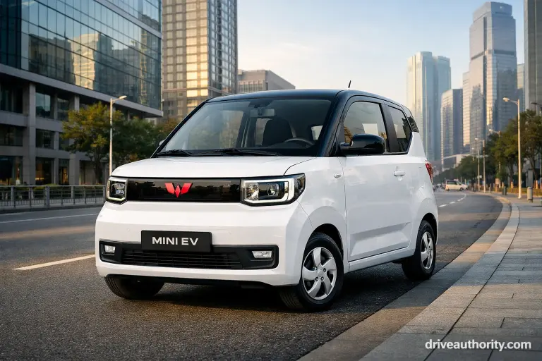 Cheapest EV car in China 2026 Wuling Hongguang Mini EV in white parked on city street