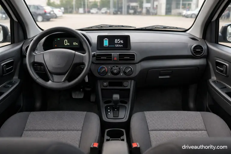 Interior of cheapest EV car in China showing basic dashboard and minimalist features