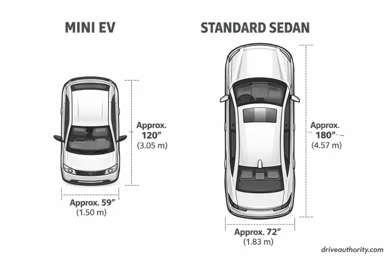 Size comparison showing compact dimensions of cheapest EV car in China versus standard vehicle