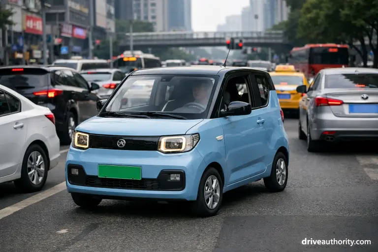 Cheapest EV car in China navigating urban traffic in typical city commute scenario