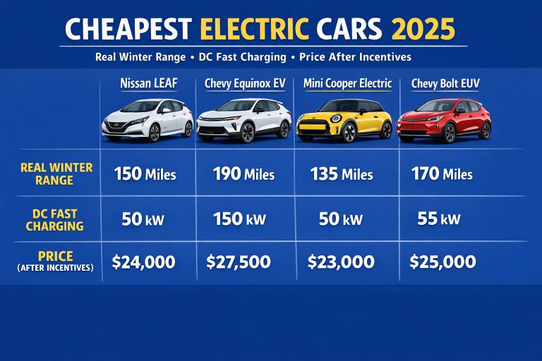 Infographic comparing cheapest electric cars 2025: real winter range, DC fast charging speeds, and post-incentive prices for Nissan Leaf, Chevy Equinox EV, Mini Cooper Electric, and Chevy Bolt EUV