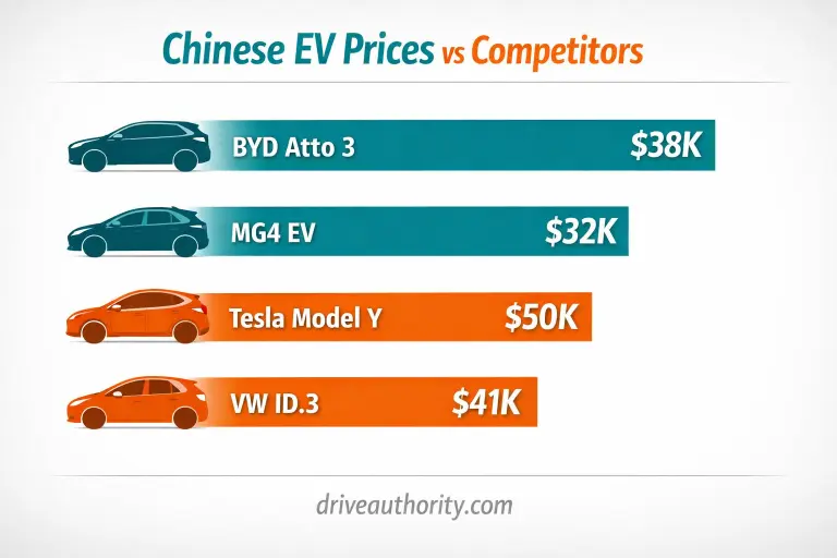 Price comparison chart showing Chinese electric cars cost $10,000 to $15,000 less than Tesla and Volkswagen EVs
