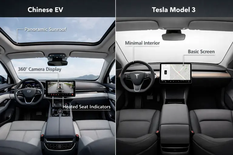 Chinese electric car interior features compared to Tesla showing more standard equipment for lower price
