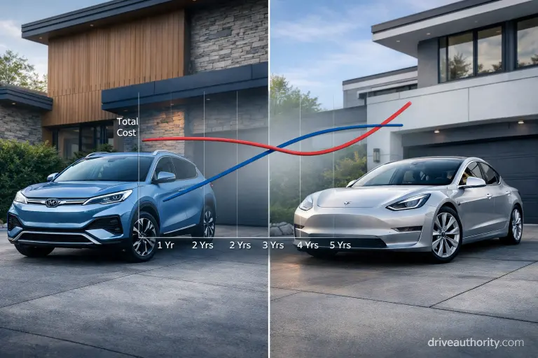 Chinese EV versus Tesla Model 3 cost comparison showing depreciation crossover point at 4 years