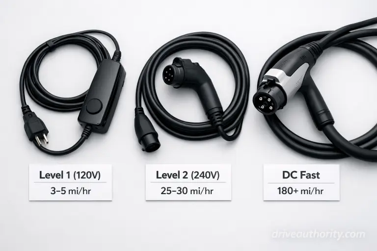 EV charging speed comparison - Level 1, Level 2, and DC fast charging rates
