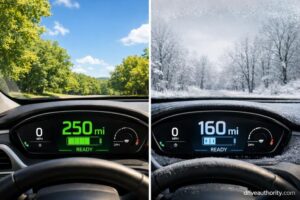Electric car range comparison showing 250 miles in summer versus 160 miles in winter conditions
