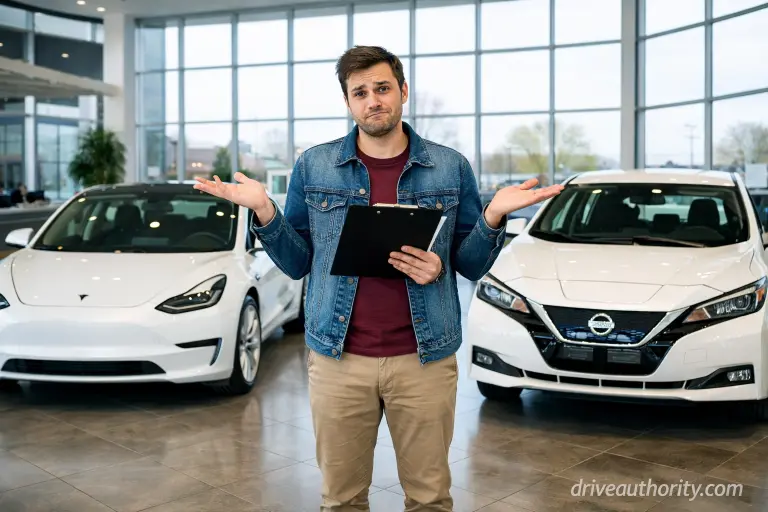 First time EV buyer comparing electric vehicles at dealership - common buyer mistakes