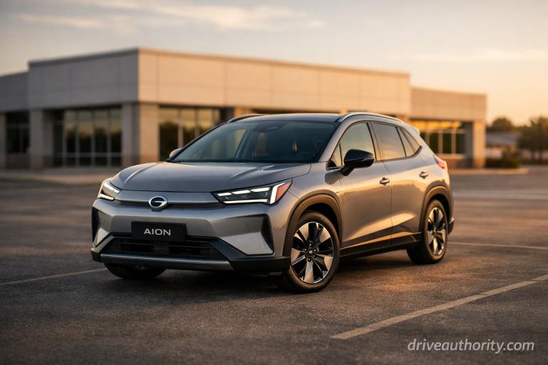 GAC Group electric vehicle in empty US dealership lot showing unavailability