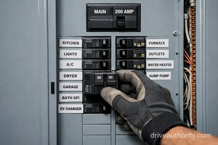 Home EV charging electrical panel - 240V 50-amp dedicated circuit breaker installation
