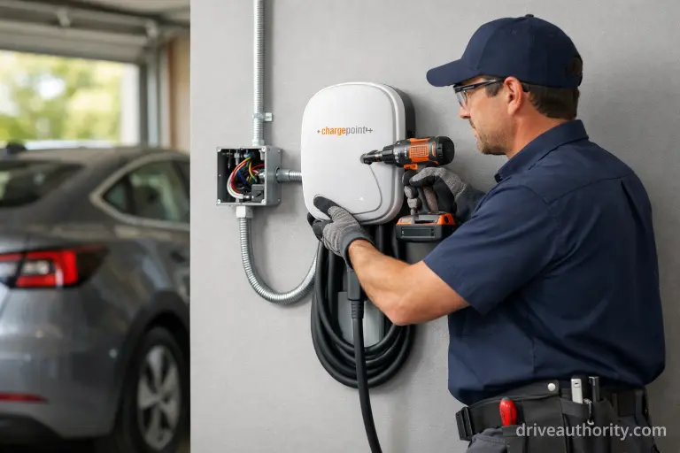 Home EV charging setup installation - electrician mounting Level 2 charger in residential garage