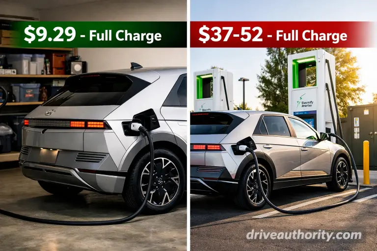 Home charging vs public EV charging cost comparison - $9 vs $37-52 per charge
