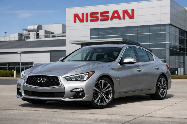 Infiniti Q50 sedan at manufacturing facility showing where Infiniti cars are made