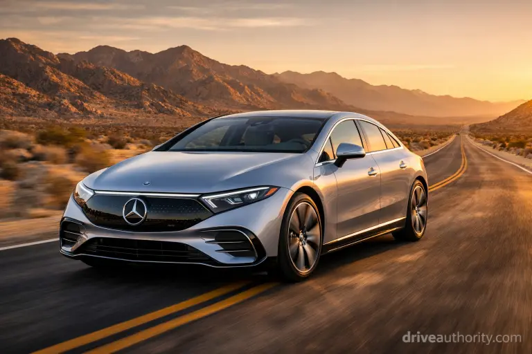 Mercedes EQS 450+ longest range electric car driving on highway for road trip review