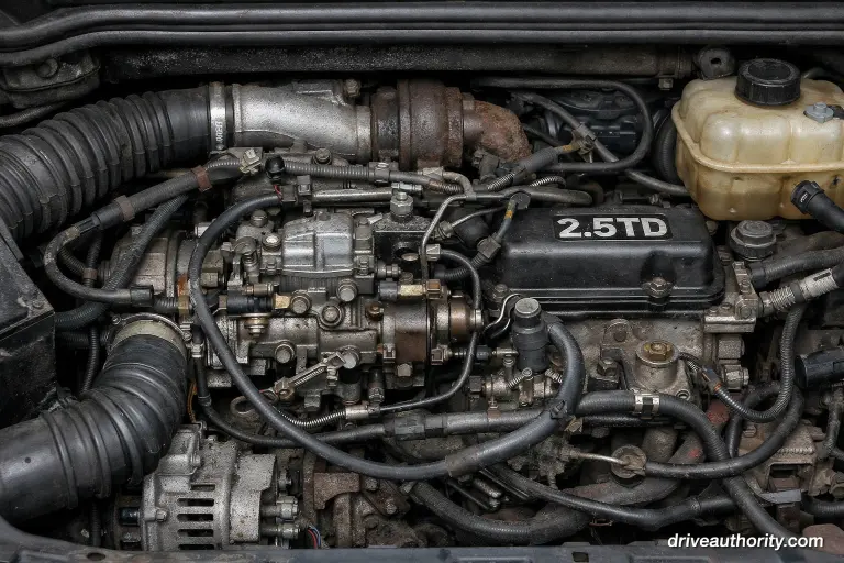 Peugeot Boxer 1999 2.5 turbodiesel engine bay showing mechanical simplicity