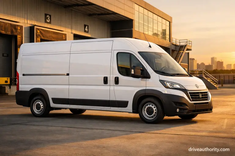 Peugeot Boxer 2026 white commercial van at delivery depot showcasing full body length and professional design