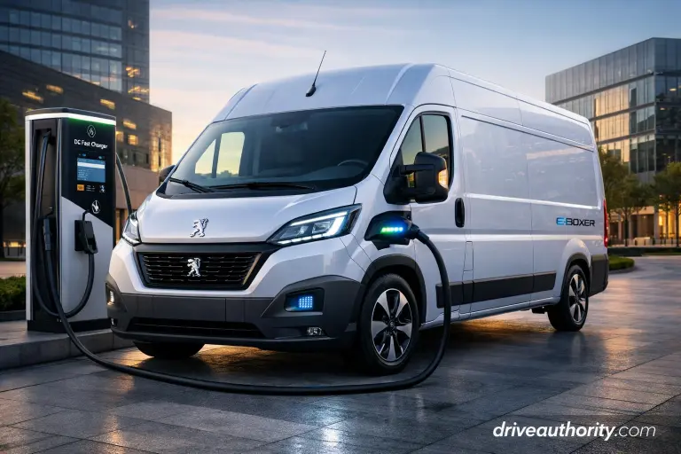 Peugeot Boxer 2026 E-Boxer electric van charging at DC fast charging station with 110 kWh battery