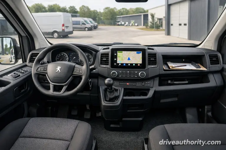 Peugeot Boxer 2026 interior cabin showing functional dashboard layout with touchscreen and ergonomic driver position