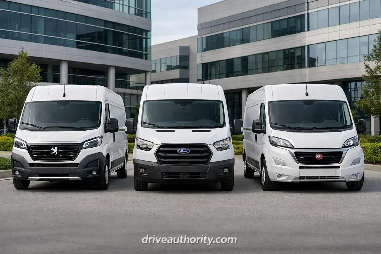 Peugeot Boxer 2026 compared to Ford Transit and Fiat Ducato commercial van competitors in side-by-side view